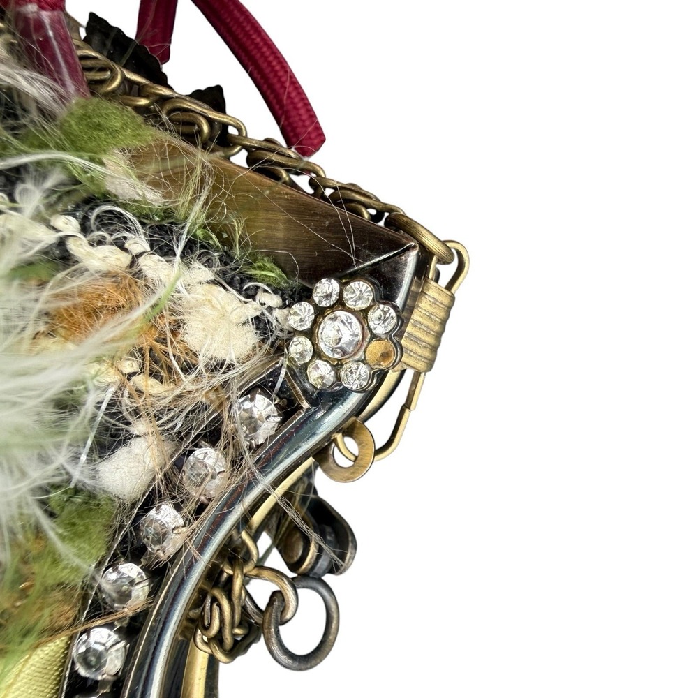 Green Feather Beaded Dark Fairy Boho Art Deco Clutch Metallic Purse w/strap READ - Picture 7 of 14